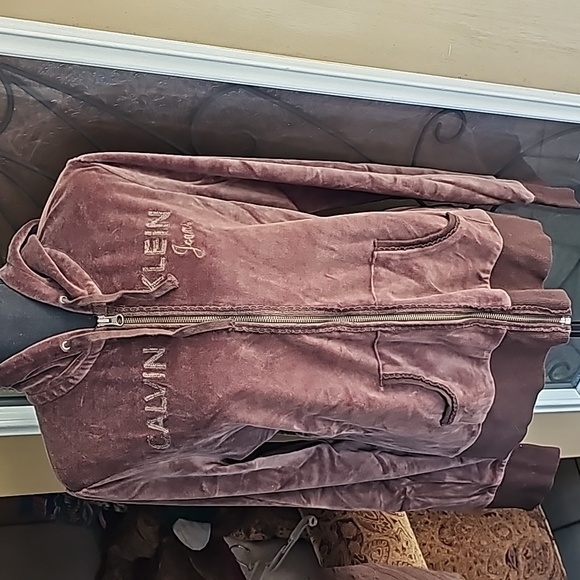 Brown Calvin Klein Velour Hoodie Jacket - Picture 1 of 11